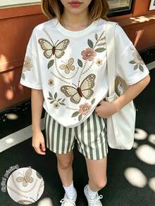 SHEIN Autumn Girls Casual Fashion Creative Floral & Butterfly Pattern Daily Style Comfortable Short Sleeve T-Shirt Set, Suitable For Girls To Wear Comfortable Summer/Autumn Style, Simple Daily Style Outfit - Multicolor - View 4