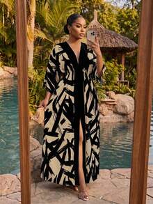 SHEIN Lady Plus Size Fashion Vacation Print Colorblock Slit Dress - Khaki - View 1