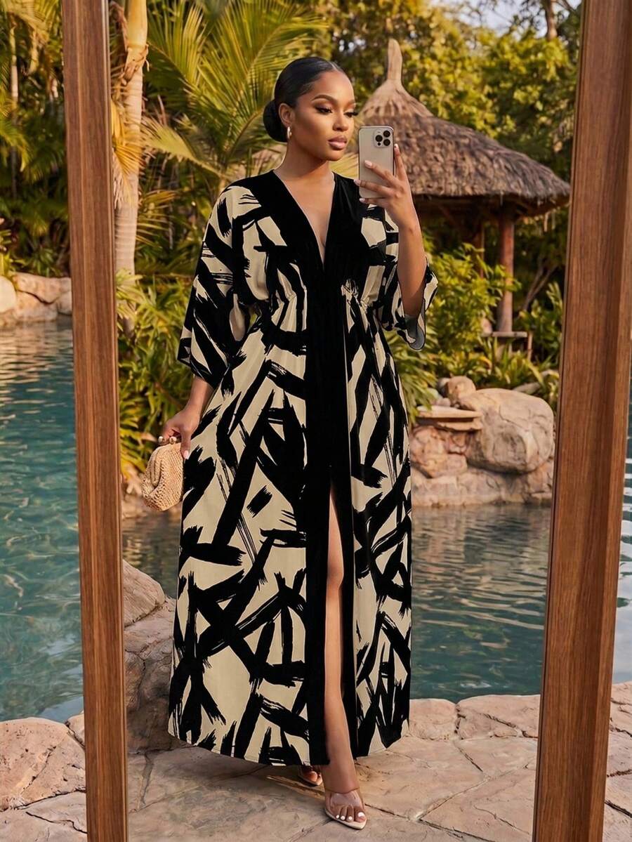 SHEIN Lady Plus Size Fashion Vacation Print Colorblock Slit Dress - Khaki - View 1