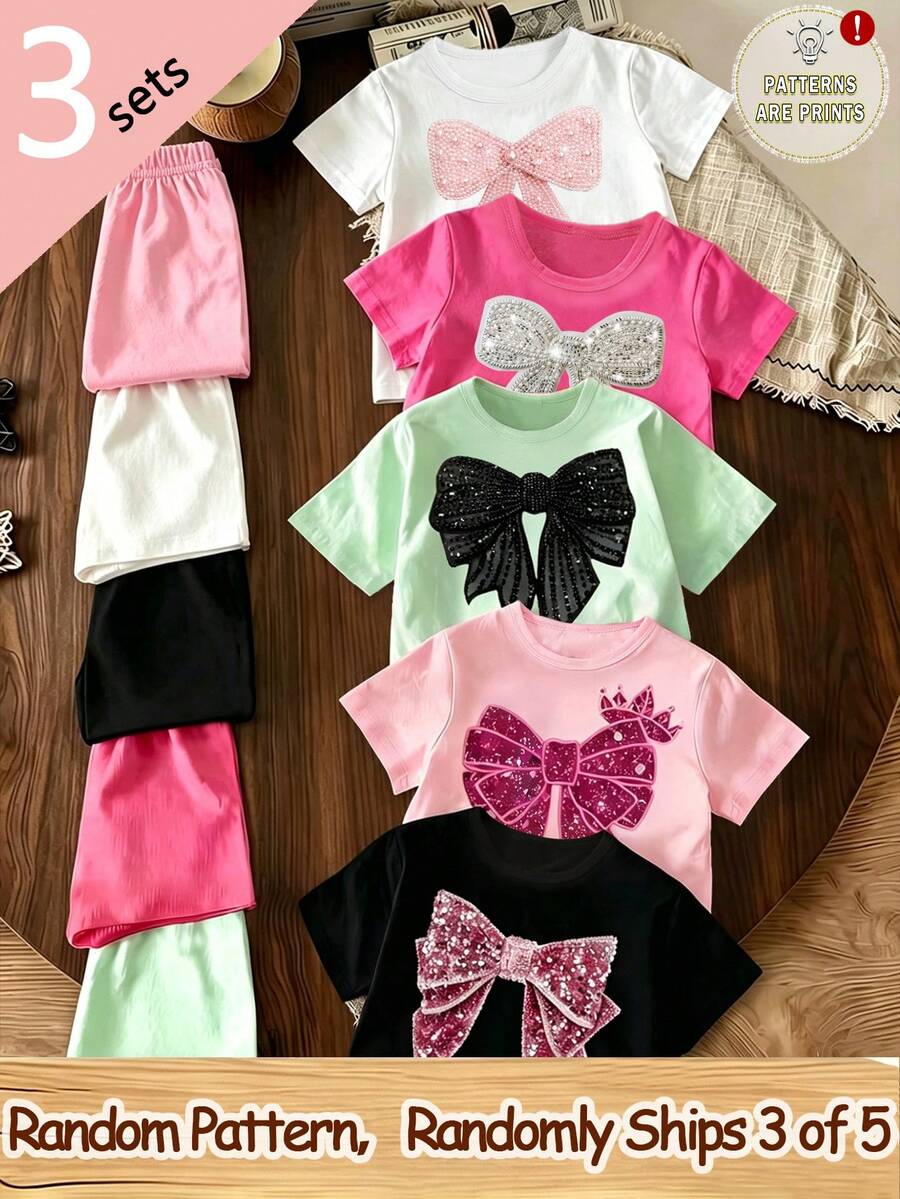SHEIN Conjunto de 6 piezas de camiseta de manga corta y pantalones cortos con estampado gráfico de corona de lazo brillante rosa fucsia y negro, estilo casual y de moda creativa para niñas, adecuado para primavera, verano y otoño, uso diario cómodo - Multicolor - Ver 1