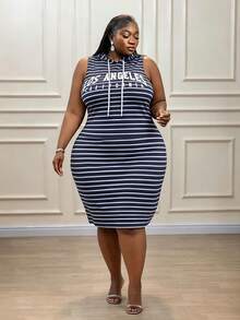 CurvyTilda Women's Plus Size Striped Hooded Sleeveless Dress With Letter Print And Drawstring For Valentine's Day, Spring And Summer - Blue - View 3