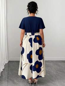 Elenzga Plus Size Women's Spring/Summer Abstract Floral Print & Solid Color V-Neck Short Flutter Sleeve Top & Long Dress Set, Fashion Casual Elegant - Blue - View 2