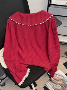 Franclia New Arrival Colorblock Cute Puff Sleeve Women's Blouse - Burgundy - View 2