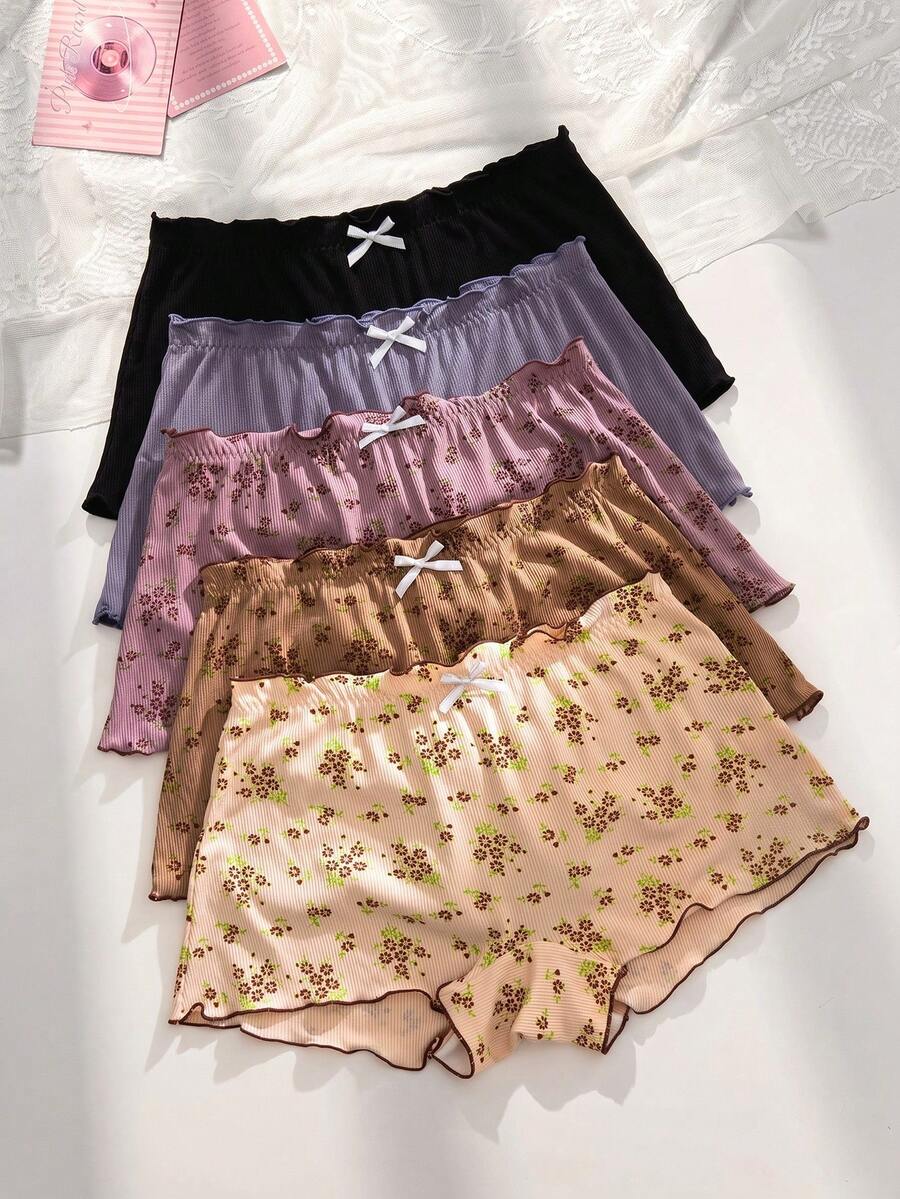 PetitDoll Set de 5 bragas tipo short cómodo de algodón acanalado con estampado floral y ribete de volantes - Multicolor - Ver 1