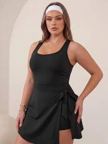 Easithlete Plus Size Women Casual Minimalist Spaghetti Strap Sexy Sports Dress, Spring/Summer Black - Black - View 1