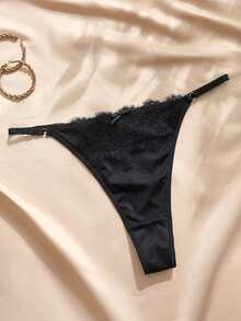 Charlaine 1pc Black Lace Patchwork Plus Size Thong For Women - Black - View 3