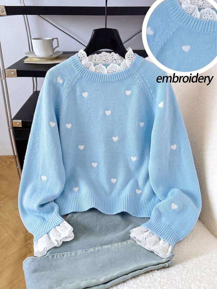 SHEIN 青少年女孩愛心刺繡鏤空拼接針織衫 - 藍色 - 查看 1