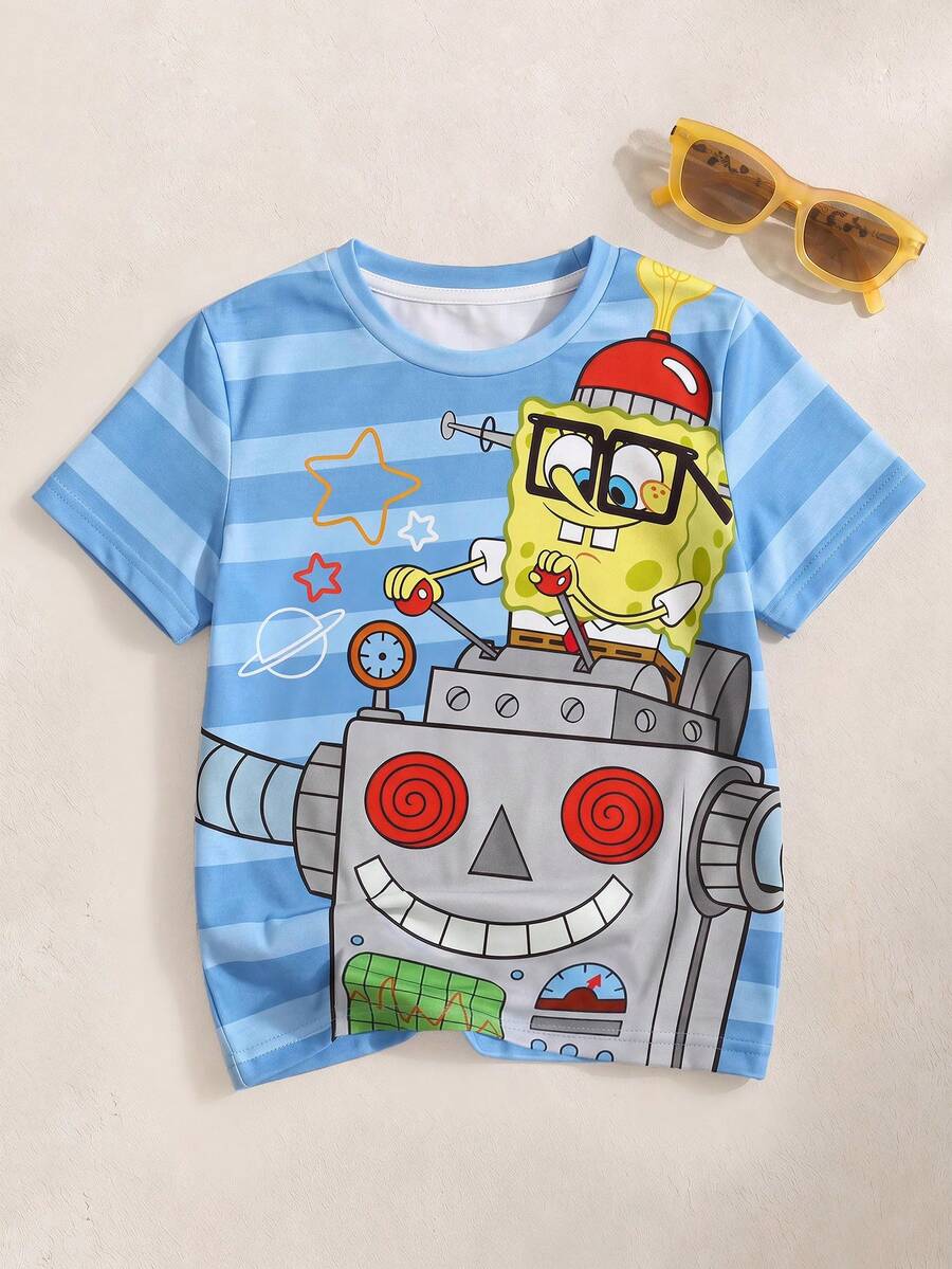SpongeBob SquarePants | SHEIN 小男孩卡通印花圓領短袖T恤 - 白色 - 查看 1