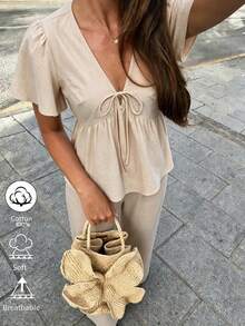 Flora Isola Flora Isola Women's Spring/Autumn Casual Vacation V-Neck Tie-Front Ruffle Sleeve Straight Leg Pants, Suitable For Daily Wear And Vacation - Apricot - View 4