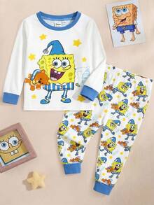 SpongeBob SquarePants | SHEIN 2件套男婴卡通图案圆领长袖上衣和裤子针织舒适休闲弹力睡衣套装 - 白色 - 查看 1