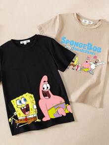 SpongeBob SquarePants | SHEIN 2 件装小男孩夏季休闲可爱卡通图案短袖 T 恤 - 彩色 - 查看 1