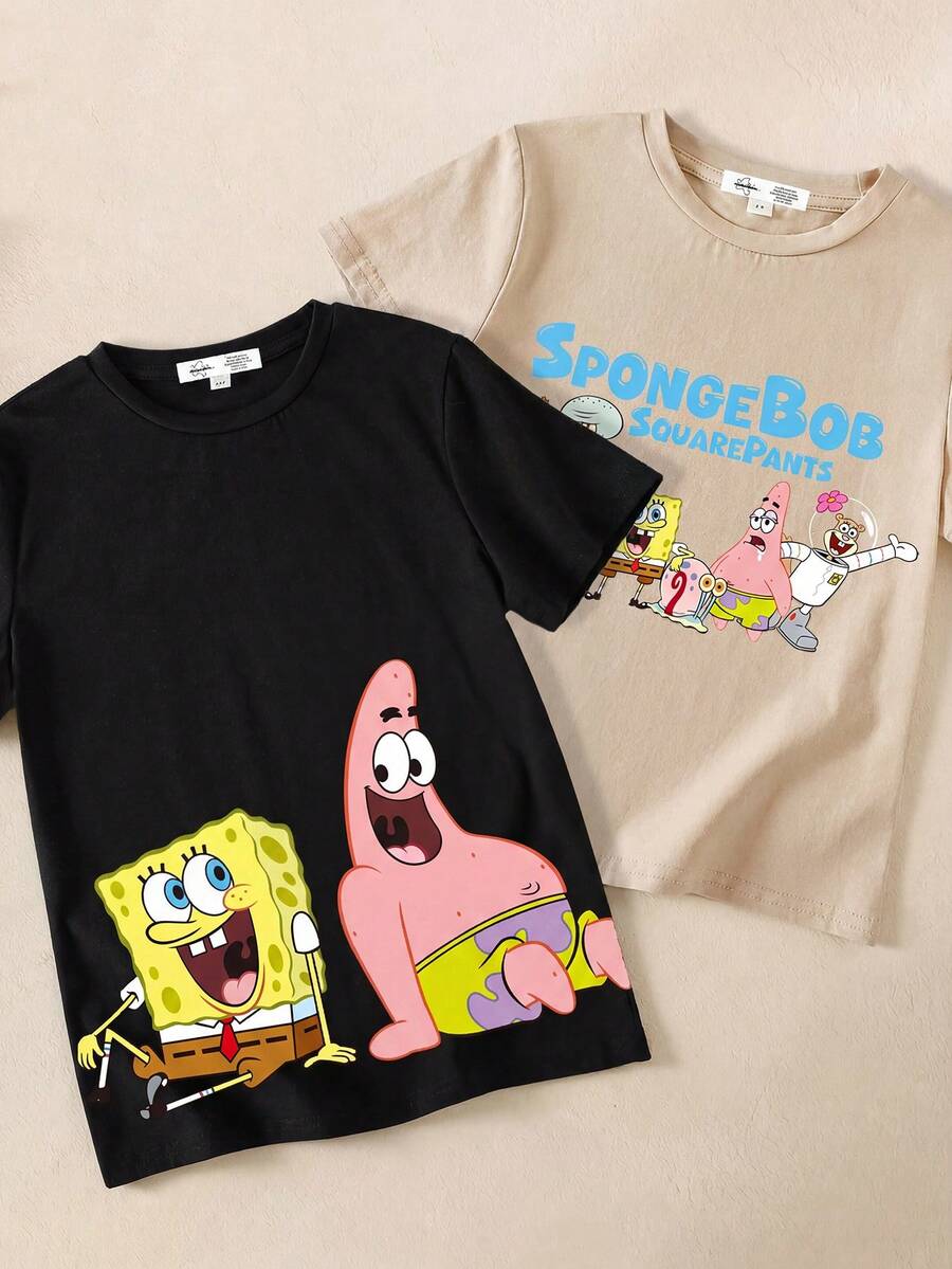 SpongeBob SquarePants | SHEIN 2 件装小男孩夏季休闲可爱卡通图案短袖 T 恤 - 彩色 - 查看 1