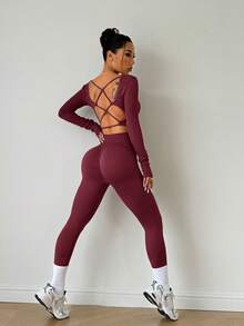 Slayform Slayform Sexy Long Sleeve Pants Set Cross Strap Seamless Knit Women's Sports Outfit - Burgundy - View 7