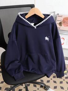 SHEIN Tween女孩秋季深藍色刺繡小馬圖案運動衫，百搭休閒運動街頭風 - 藏蓝色 - 查看 1