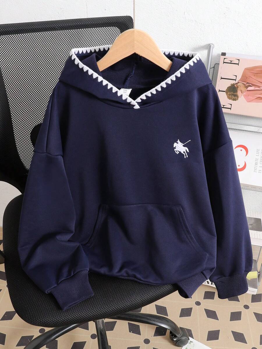 SHEIN Tween女孩秋季深藍色刺繡小馬圖案運動衫,百搭休閒運動街頭風 - 藏蓝色 - 查看 1