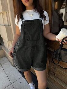 Dripcurv Plus Size Women's Pocket Casual Everyday Denim Romper - Black - View 3