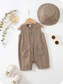SHEIN 2pcs Baby Boy/Girl Summer Colorful Striped Sleeveless Romper Shorts Set With Bucket Hat, Casual Vacation Outfit - Khaki - View 9