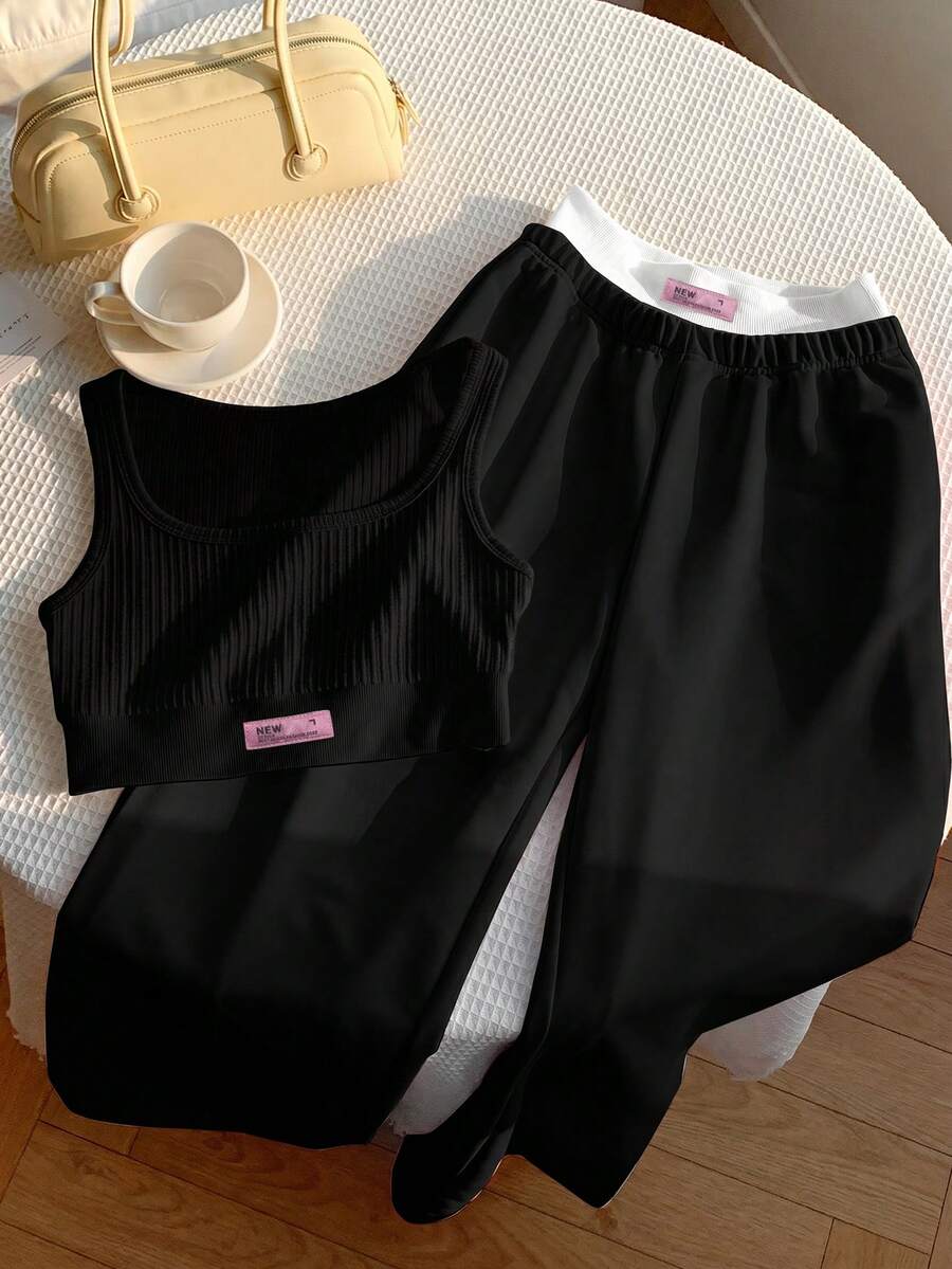 Comfortcana 2件組女款字母印花背心與配色拼接長褲套裝,夏季度假穿搭,奶油黃 - 黑色 - 查看 1