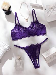 SHEIN 2件組玫瑰紅成熟性感風蕾絲拼接內衣套裝 - 紫色 - 查看 2