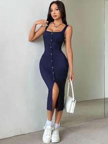 Flirla Button Front Square Neck Split Thigh Tank Dress Maxi Women Outfit - Blue - View 5