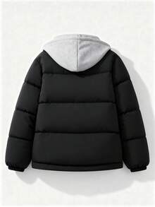 Teen Boys Fashion 2 In 1 Hooded Padded Coat, Colorblock Letter Print Zipper Loose Padded Coat, Suitable For Autumn/Winter Daily Streetwear - Black - View 2