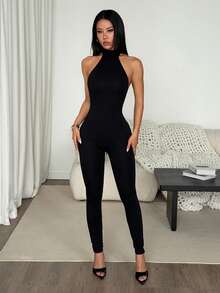 SHEIN PETITE Women's Solid Color Casual Daily Wear Halter Neck Jumpsuit - Black - View 7