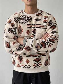 DAZY Khaki Lambswool Fabric Thermal Lined Geometric All-Over Floral Vintage Pattern Ribbed Cuff Collar Hem Men's Pullover Sweatshirt - Khaki - View 6
