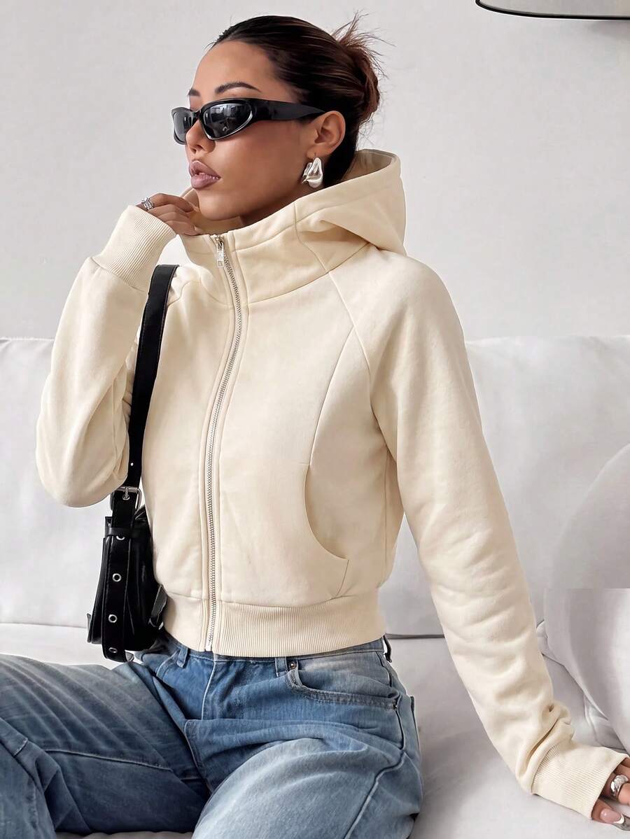 SHEIN EZwear 女款純色連帽拉鍊休閒百搭日常穿著運動衫 - 杏色 - 查看 1