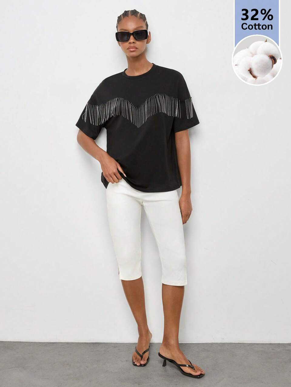 SHEIN Maija Women's Fashion Tassel Decor T-Shirt, Going Out Club Night Concert Night Out Outfits, Work Outfits For Women, Summer Black Grunge Sexy Fringe Punk