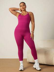 SHEIN Rhythm Era Women's Plus Size Backless Halter Neck Fitted Sports Jumpsuit - Violet Purple - View 4