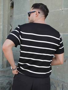 LEOGASHI LEOGASHI 男士短袖针织撞色条纹套头毛衣 - 黑色 - 查看 2