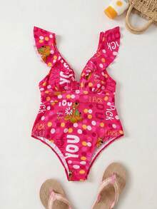 SCOOBY-DOO X SHEIN Traje de baño de una pieza con volantes, estampado de lunares y diseño de dibujos animados, talla grande, para verano - Rosa - Ver 1