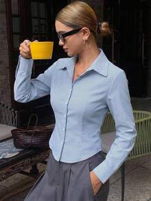 DAZY Women's Striped Minimalist Casual Long Sleeve Shirt - Blue - View 9