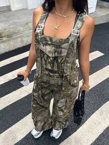 Rivivi 女款全印花休閒街頭日常牛仔吊帶長褲 深綠色 夏季 - 彩色 - 查看 1