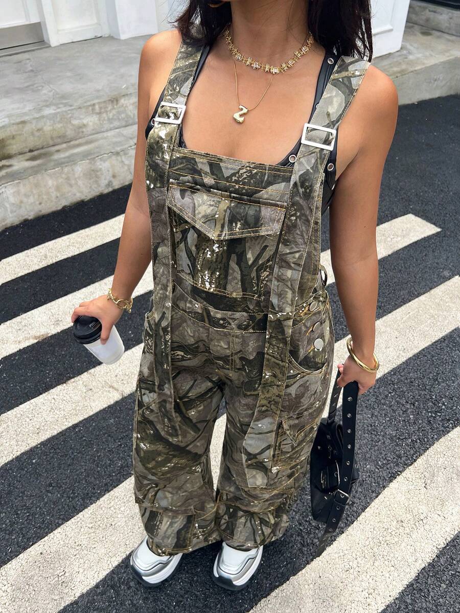 Rivivi 女款全印花休閒街頭日常牛仔吊帶長褲 深綠色 夏季 - 彩色 - 查看 1
