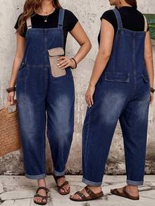 EMERY ROSE EMERY ROSE Plus Size Casual Traditional Baggy Formal Whimsical Denim Overalls For Vacation Halloween Back To School Country Cuffed Ankle Navy Blue Tapere Summer - Black - View 2