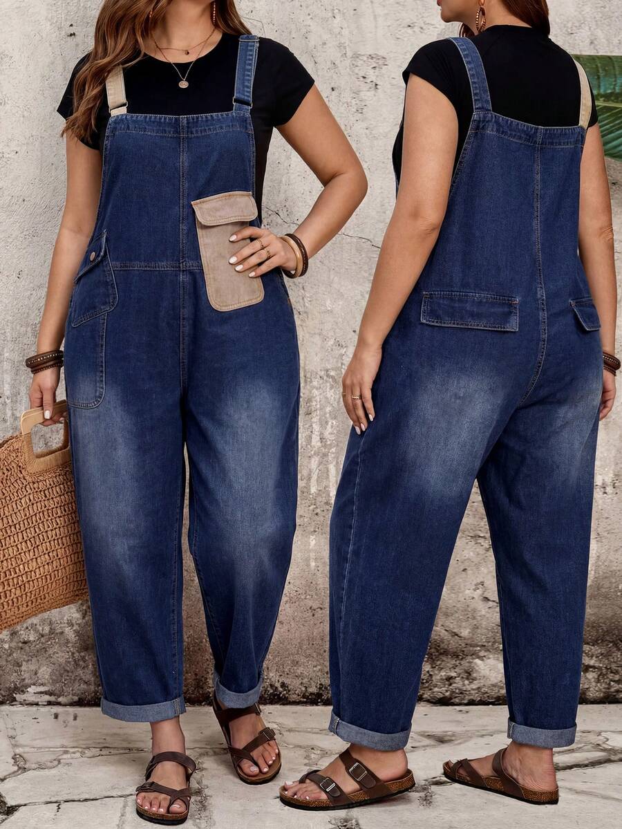 EMERY ROSE EMERY ROSE Plus Size Casual Traditional Baggy Formal Whimsical Denim Overalls For Vacation Halloween Back To School Country Cuffed Ankle Navy Blue Tapere Summer