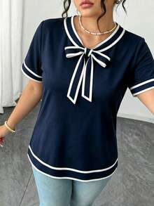 SHEIN Raffinéa 大尺碼女款夏季休閒優雅拼色飾邊繫帶上衣 辦公正式穿搭 海軍藍 - 藏蓝色 - 查看 5