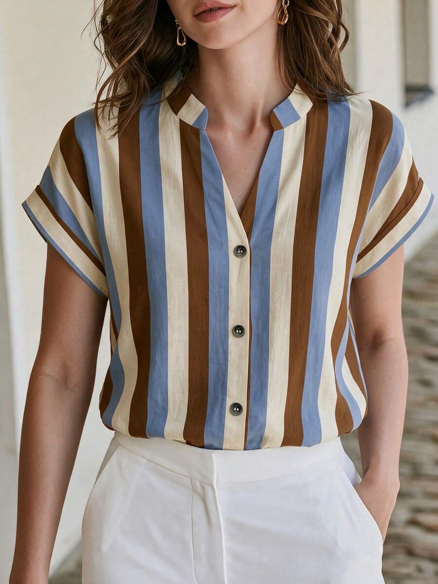 SHEIN Fashionable Versatile Commute Multi-Color Striped Short Sleeve Shirt
