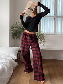 Livesso Women's Solid Color Long Sleeve Top & Plaid Pants Pajama Set Fall - Black - View 6