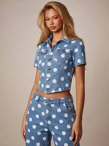 MISSGUIDED Polka Dot Denim Cropped Jacket With Short Sleeves Button Front Chest Pockets Retro Cute Summer Festival Style Everyday Blue - Light Wash - View 2