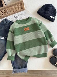 SHEIN LMoss Kids 小男孩休閒修身兒童長袖針織秋季毛衣，復古學院風，適合通勤、上學、休閒、街拍、派對、外出 - 彩色 - 查看 4