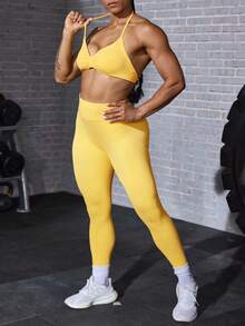 Solea Cove Women's Backless Halter Top & Leggings Outdoor Set - Yellow - View 5