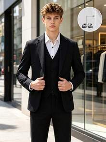Teen Boys Gentleman Suit, Loose Preppy Casual, For Back‑To‑School, Outdoor, Daily - Black - View 3