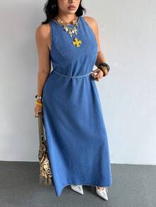 SHEIN EZwear 大尺碼秋季休閒正裝休閒無袖長版牛仔洋裝，適合度假約會，海軍藍 - 藍色 - 查看 5