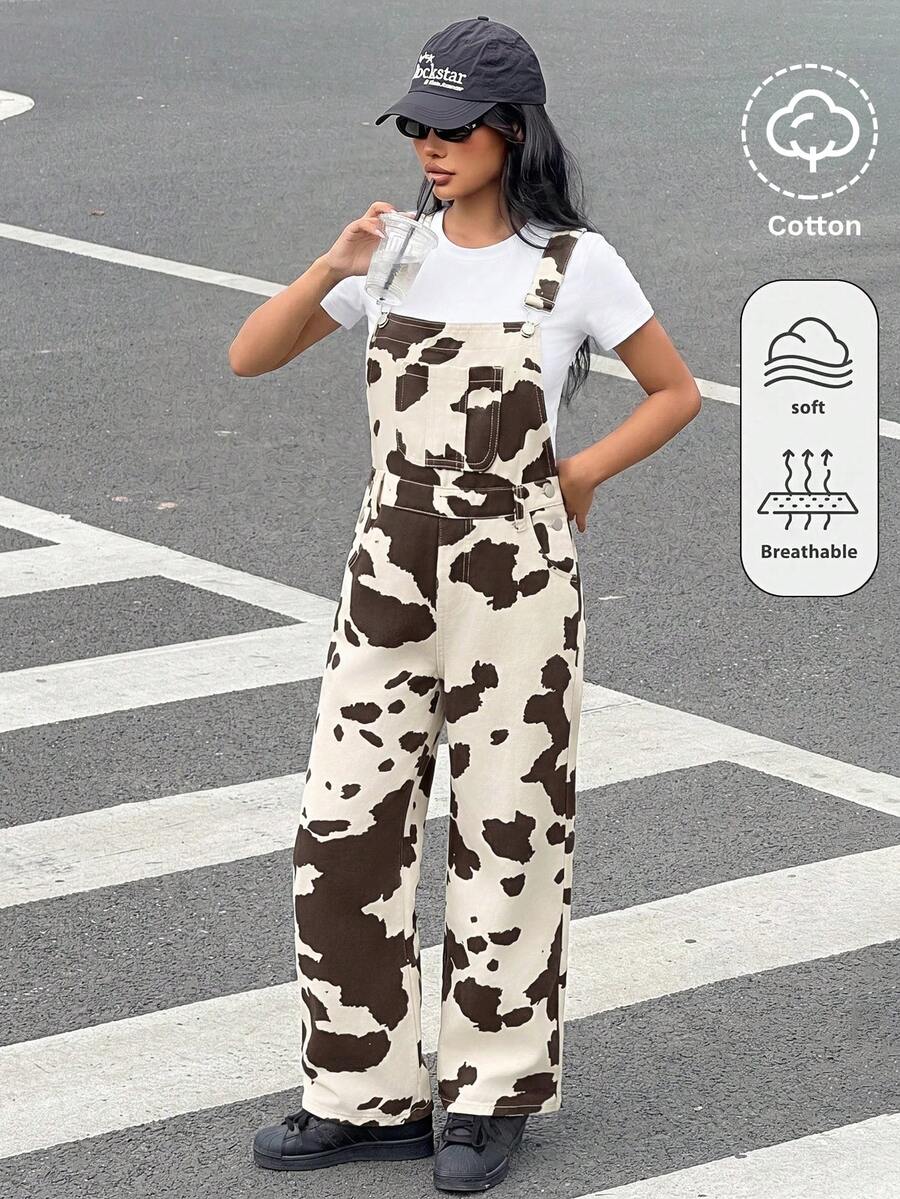 SHEIN أوفرول جينز فضفاض بطبعة بقرة للبنات المراهقات 10 سنوات، ستايل Y2K، للصيف والخريف، لعيد الاستقلال وحفلات الزفاف - متعدد الألوان - مشاهدة 1