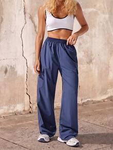 SHEIN 女款純色工裝口袋休閒戶外運動長褲 - 霧霾藍 - 查看 4