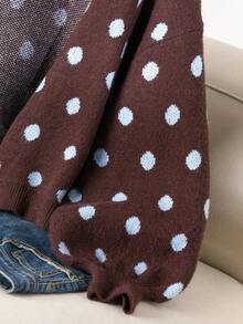 CosyJoli Plus Size Elegant 1920 Vintage French Polka Dot Contrast Color Cardigan Autumn/Winter Knit Sweater Jacket Women Formal Office Home Wear Brown - Brown - View 4