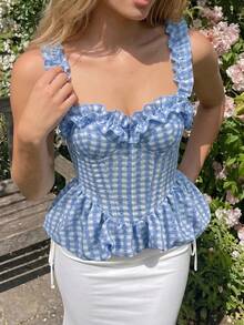 Nuvra Women's Summer Elegant Plaid Ruffle Tank Top - Blue - View 5
