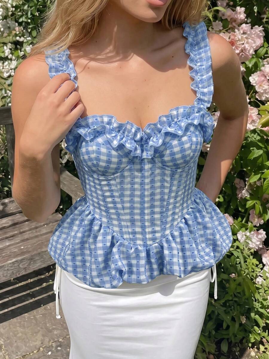 Nuvra Women's Summer Elegant Plaid Ruffle Tank Top - Blue - View 1